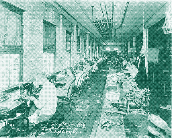 an image of workers in the stitching department, Mr. Covert, Public domain, via Wikimedia Commons